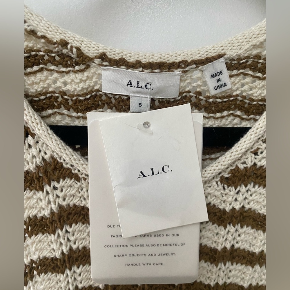 A.L.C crochet knit, tan and white striped razorback mini dress - Picture 3 of 6